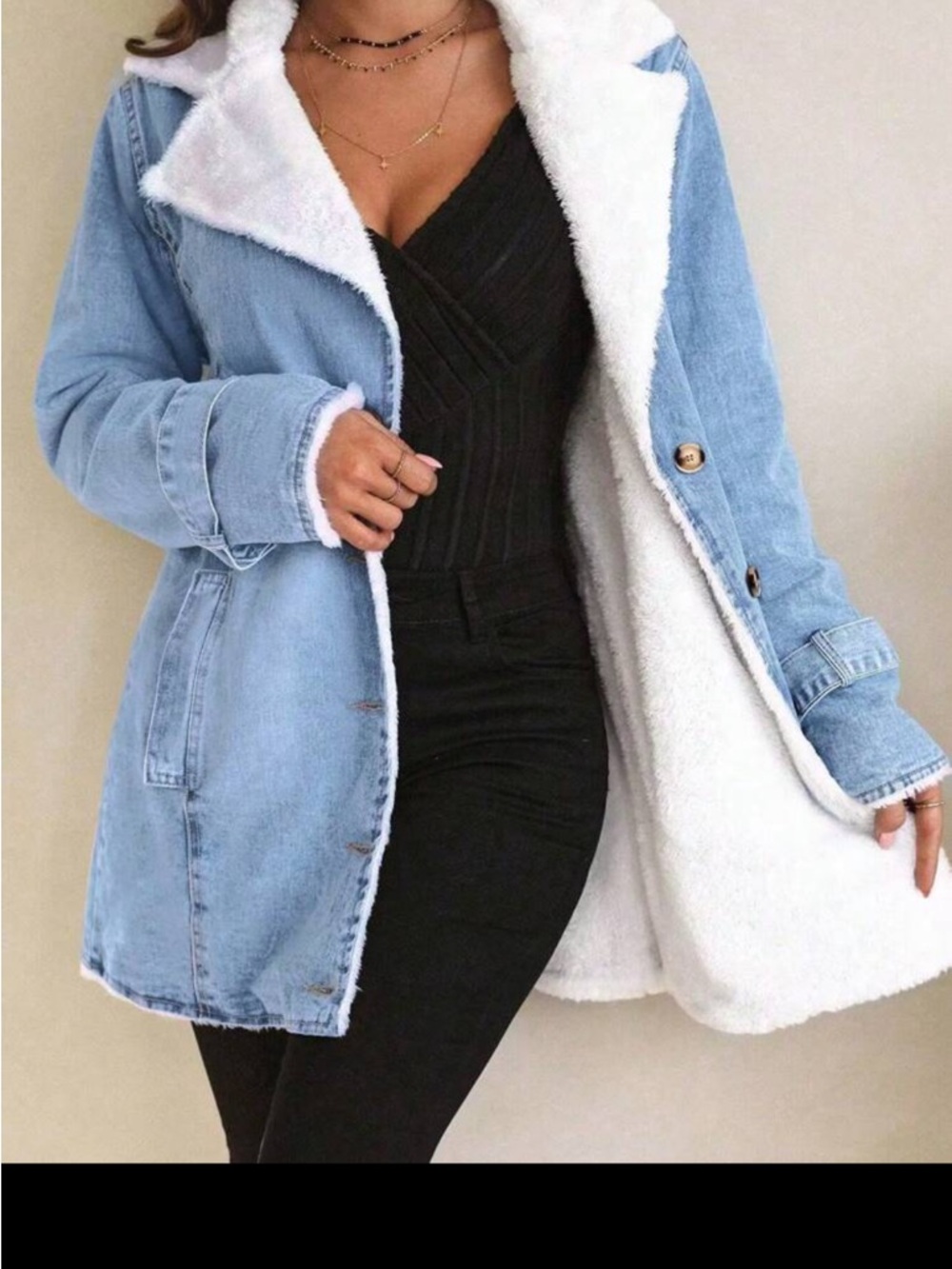 Light Blue Sherpa-Lined Button Front Denim Coat
